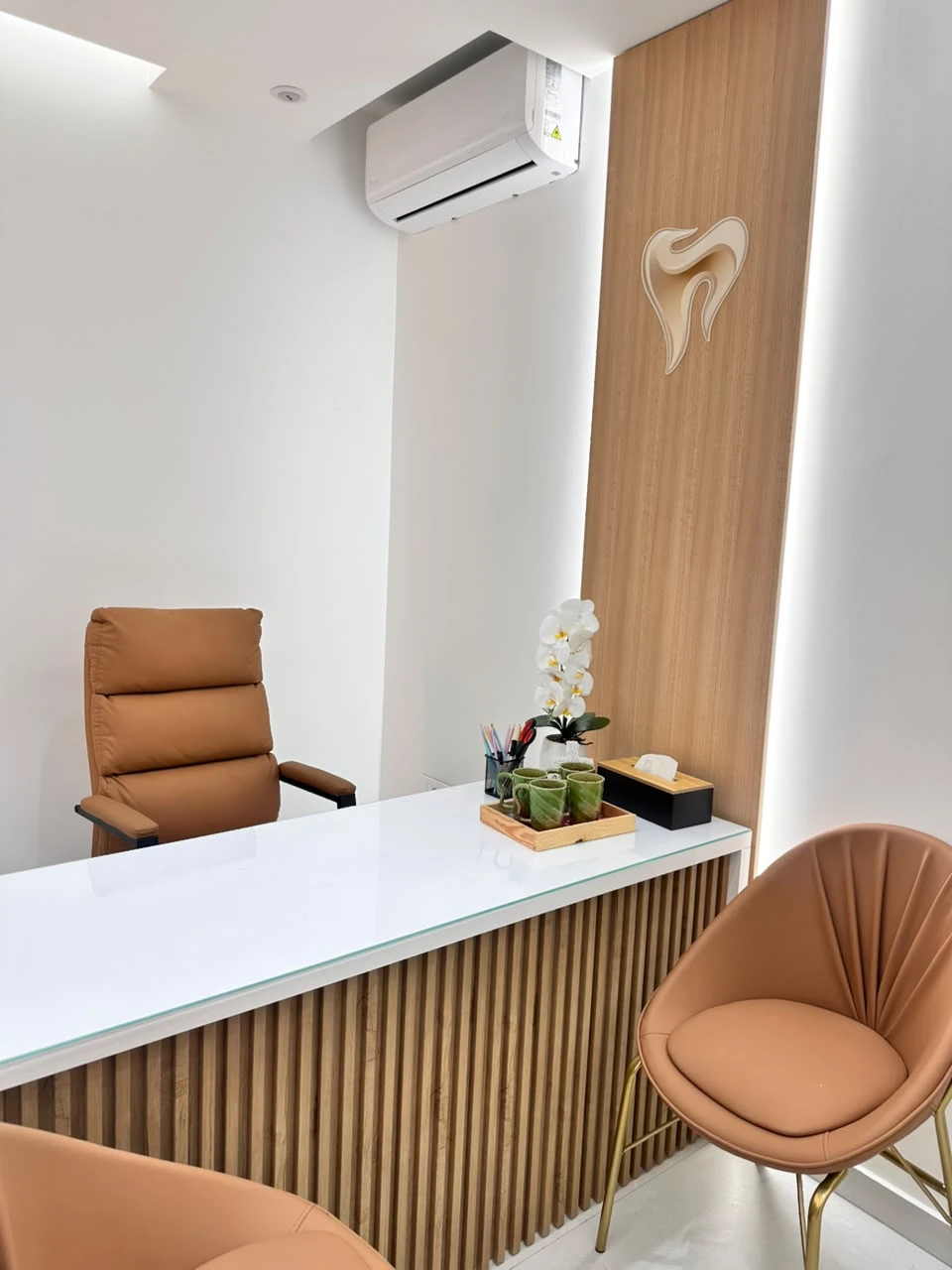 A welcoming consultation space with warm oak and cognac seating